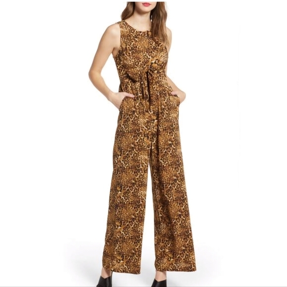 All in Favor Pants - ALL IN FAVOR LEOPARD PRINT WIDE LEG JUMPSUIT SZ M
